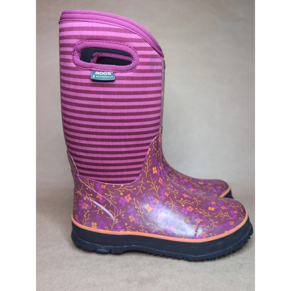 Bogs Youth 5 Winter Boots Pink Orange Stripes Flowers Waterproof Snow Pull On